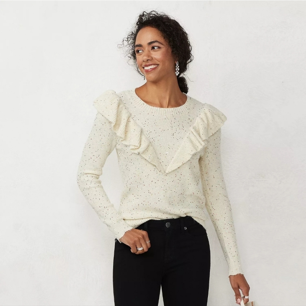 🔥LC Lauren Conrad Cream Speckled Ruffle Sweater